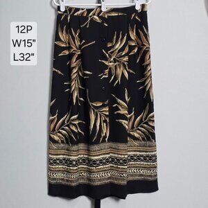Alfred Dunner Skirt Petite 12P Black Tropical Floral Button Front Midi Pull On